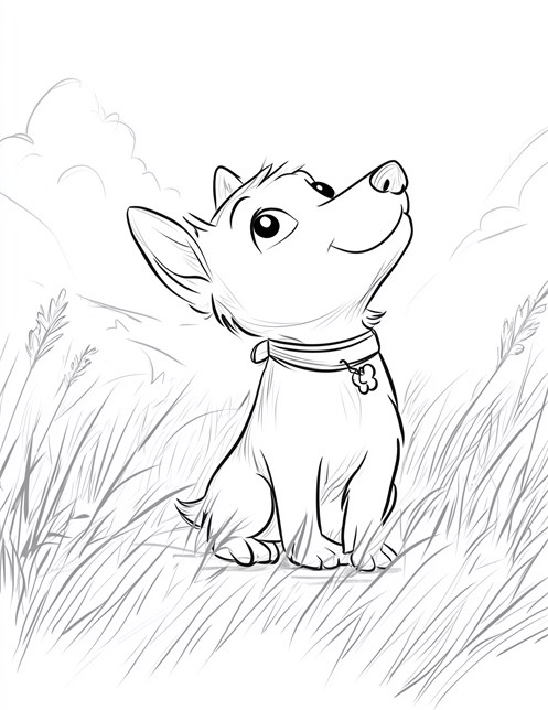 Cute dog sitting in tall grass looking up happily