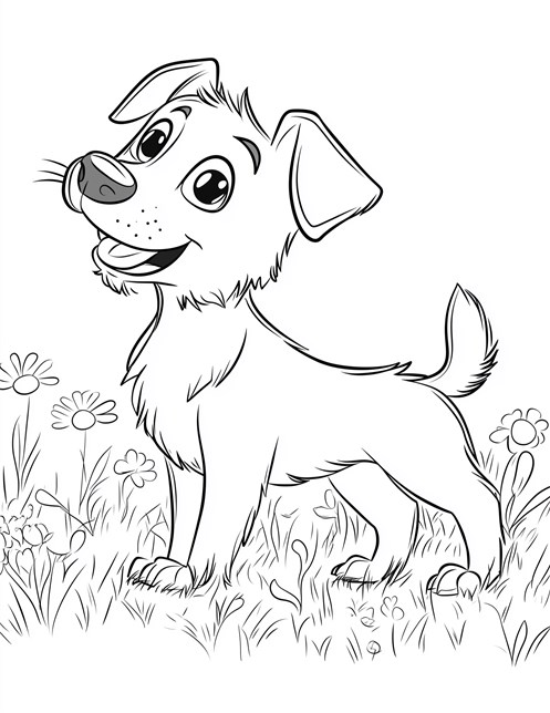 Happy dog standing in field with flowers and wagging tail