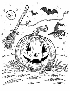 A smiling jack o  lantern with flying bats, a witch s hat, broomstick, and a pumpkin moon