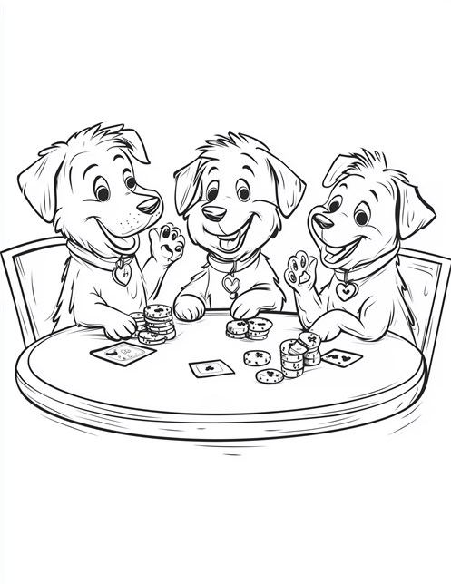 Three dogs playing cards and stacking poker chips happily together