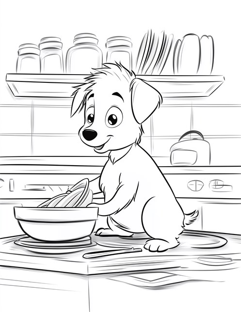 Cute dog standing on kitchen counter mixing something in bowl