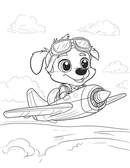 Dog flying airplane with goggles on in the sky