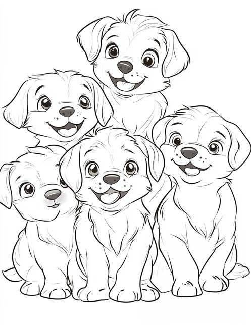 Five cute puppies sitting together with big smiles and bright eyes