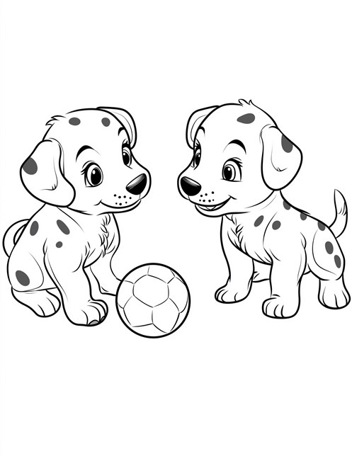 Two playful puppies with spots playing with soccer ball together