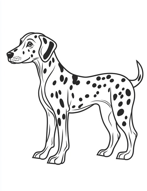 Spotted Dalmatian dog standing proudly with tail slightly raised