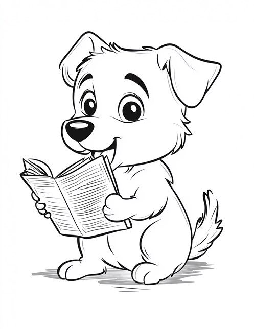 Dog reading book with happy expression and wagging tail