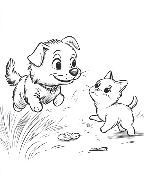 Puppy and kitten playing together with leaves on ground