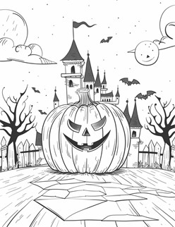 A big jack o  lantern in front of a spooky castle with bats, trees, and a smiling moon