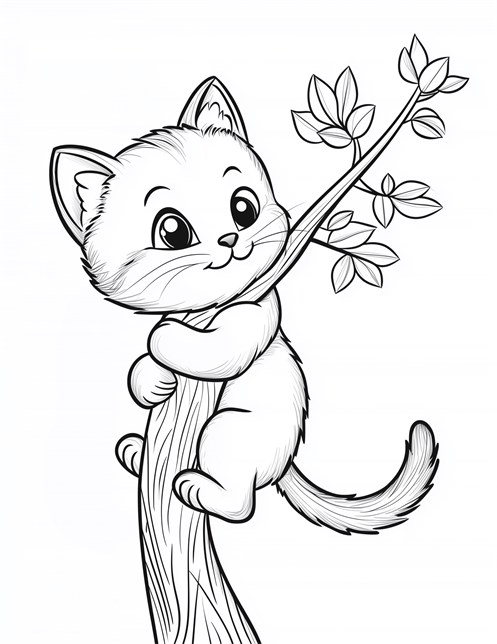 Kitten hugging tree branch with cute curious eyes and tail