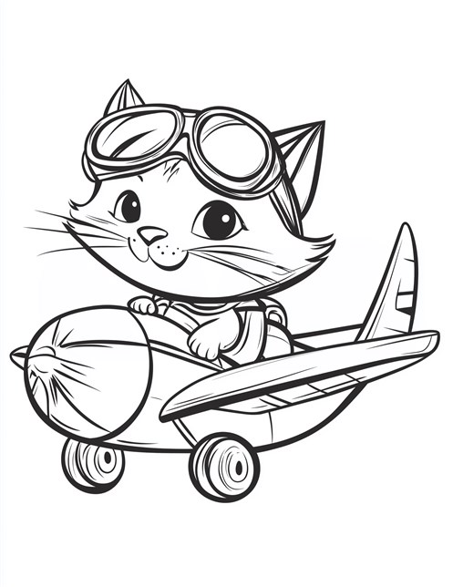 Cat flying airplane wearing goggles looking excited ready to explore