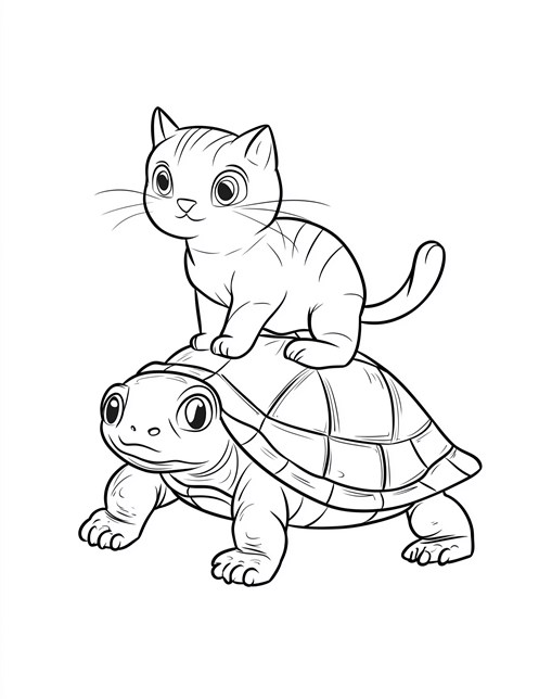 Cat sitting on turtle looking curious and happy