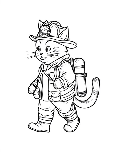 Cat dressed as firefighter walking confidently ready for action