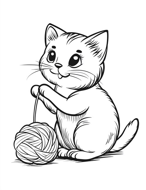 Kitten playing with big ball of yarn having fun