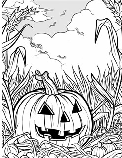 A grinning jack o  lantern in a spooky cornfield with bats flying in the cloudy sky