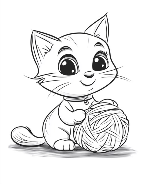 Cute kitten holding big ball of yarn smiling happily