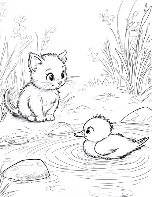 Kitten watches little duck swimming in pond with tall grass