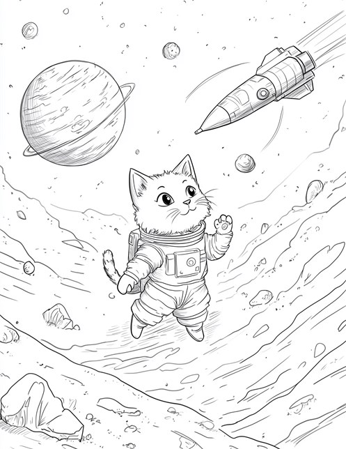 Kitten astronaut floating in space near planets and rocket ship