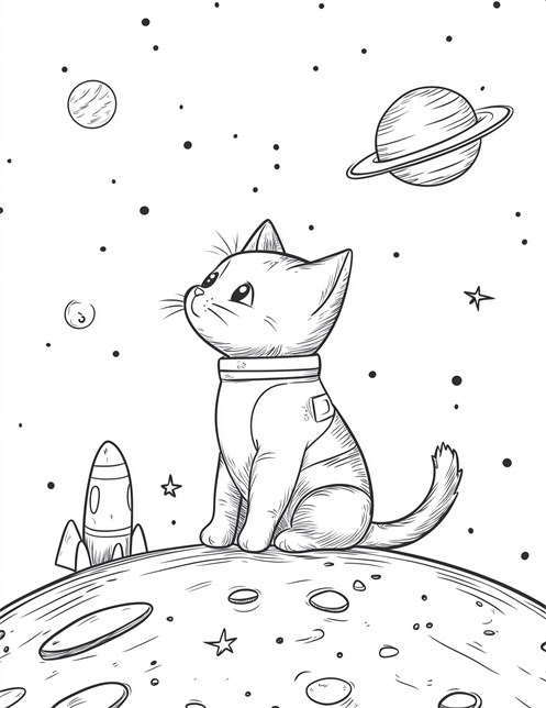 Cat astronaut sitting on moon looking at planets and stars