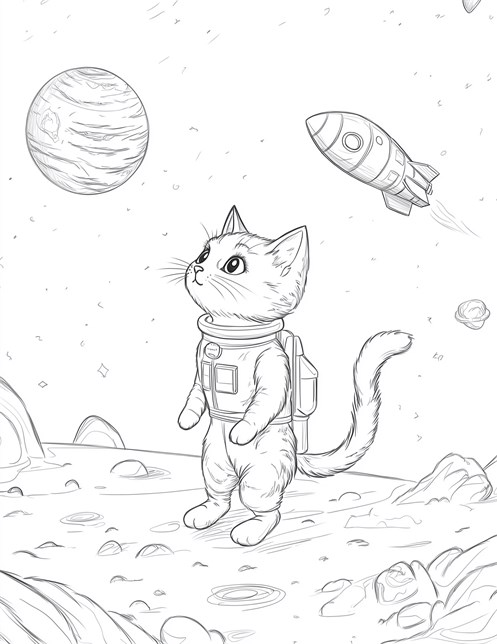 Cat astronaut on strange planet looking at rocket and planet