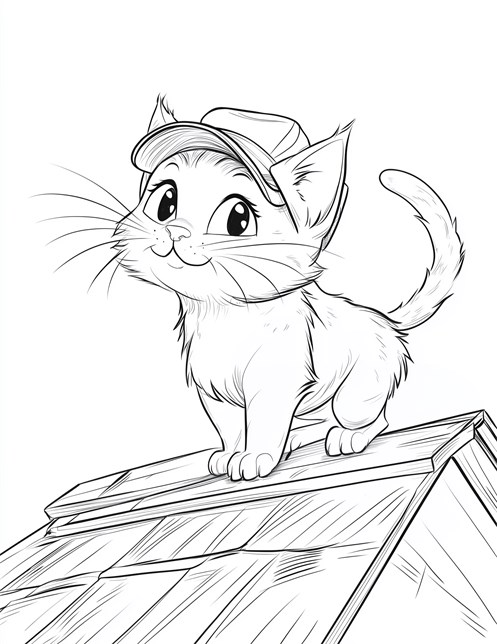 Cat wearing cap standing on roof looking curious and happy