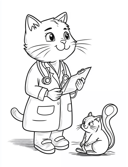 Cat doctor checking squirrel patient with clipboard looking friendly