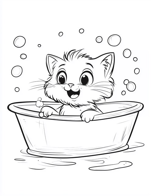 Kitten in bathtub playing with bubbles looking very happy