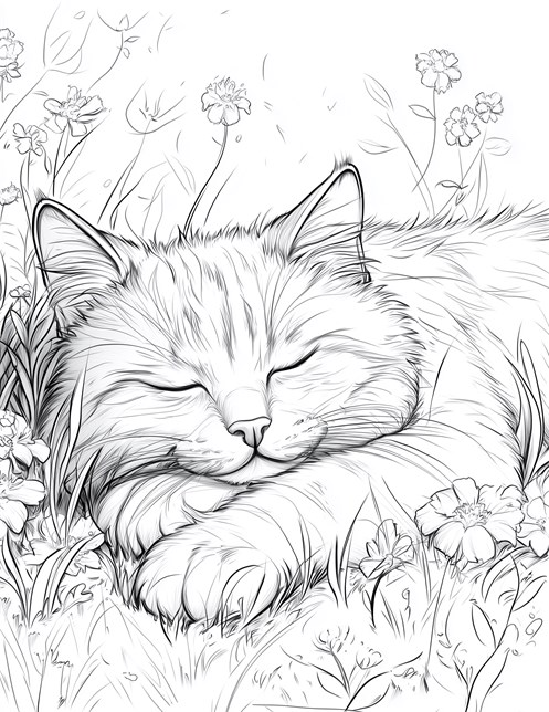 Sleeping cat surrounded by flowers in grassy field