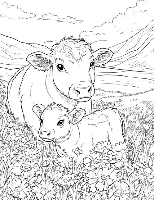 Cow and calf standing in field surrounded by flowers