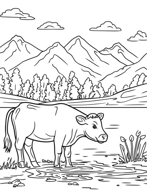 Cow standing in water with mountains and trees behind