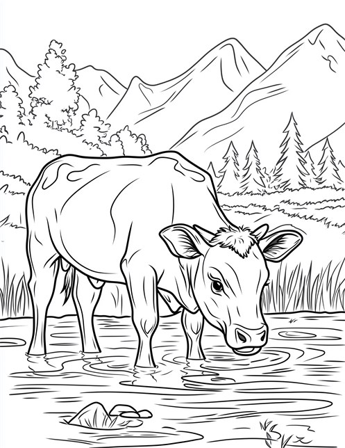 Cow standing in water with mountains trees in background