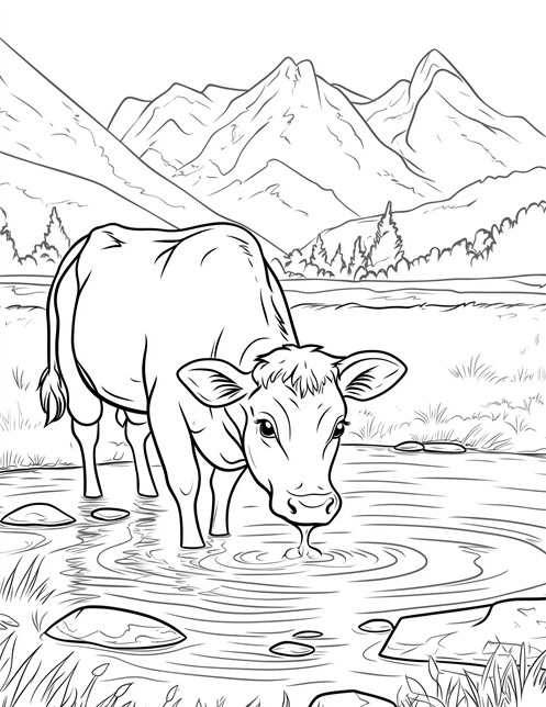 Cow drinking water from pond with mountains in background