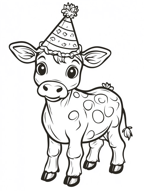 Cute baby cow wearing party hat smiling