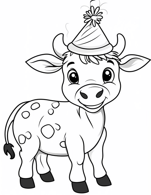 Smiling baby cow wearing party hat with spots