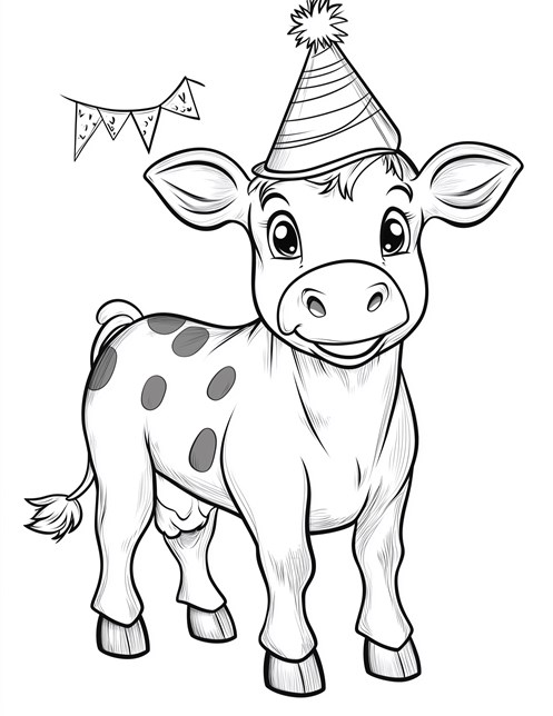 Baby cow with party hat standing under banner