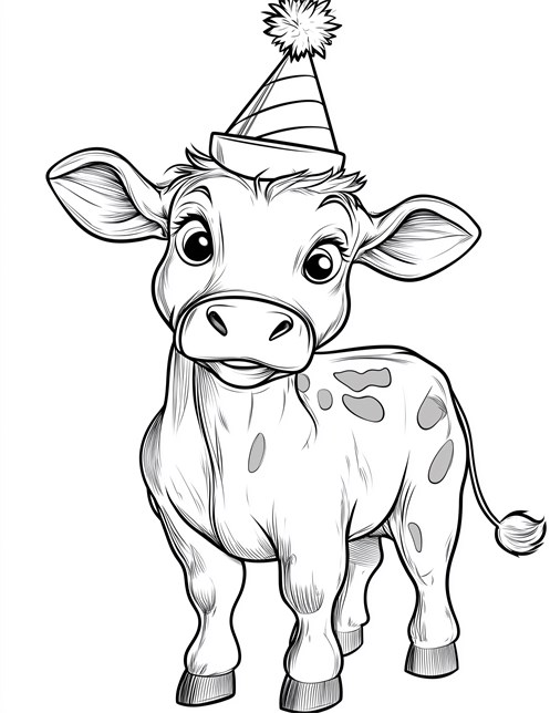 Baby cow wearing party hat looking cute and curious