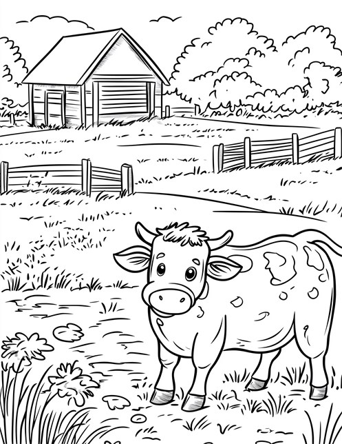 Cow standing in field with barn and fence behind