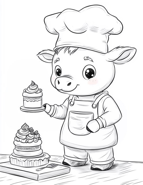 Baby cow wearing chef hat holding cake smiling