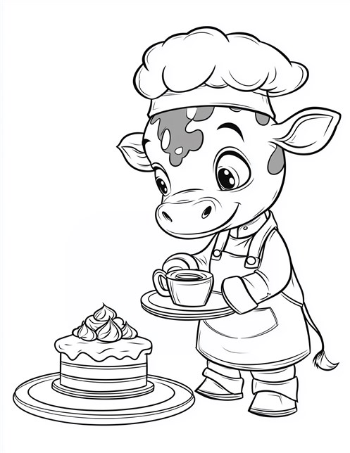 Baby cow chef serving cake and drink smiling happily