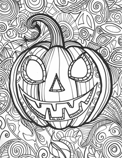 A smiling jack o  lantern surrounded by swirling, detailed patterns, looking super cool and fun