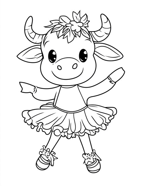 Dancing cow wearing tutu with flowers on head smiling