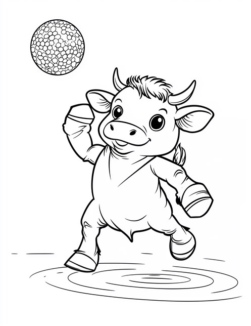 Happy cow jumping with ball in the air