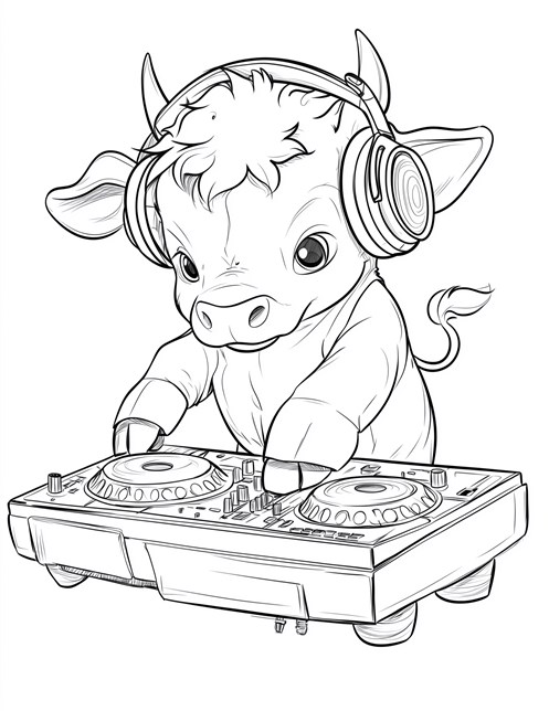 Baby cow wearing headphones playing music as DJ