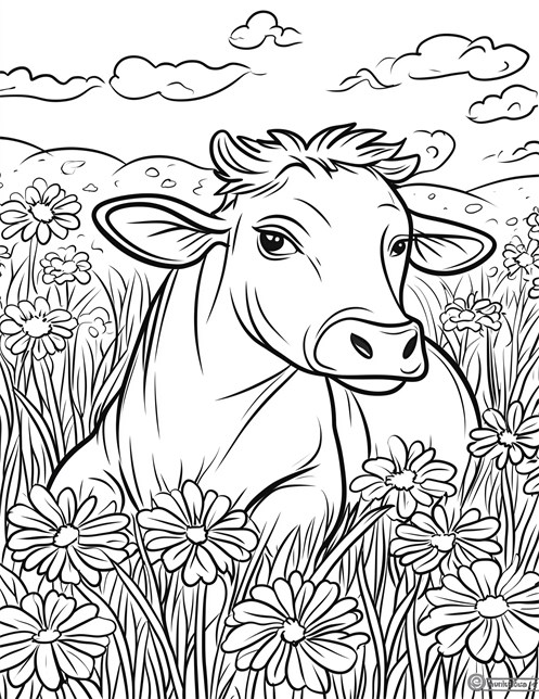 Cow lying in field surrounded by flowers and clouds