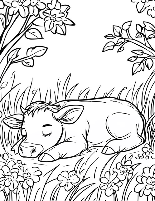 Sleeping baby cow resting in grass surrounded by flowers