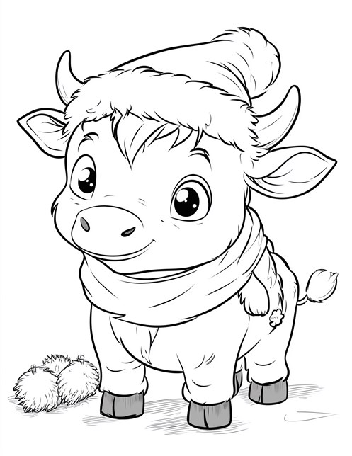 Baby cow wearing warm Christmas hat scarf with pom poms nearby