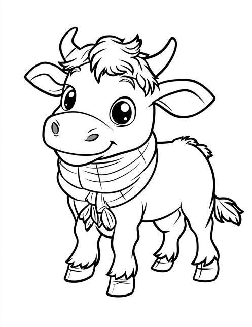 Smiling baby cow wearing Christmas scarf looking warm and cozy