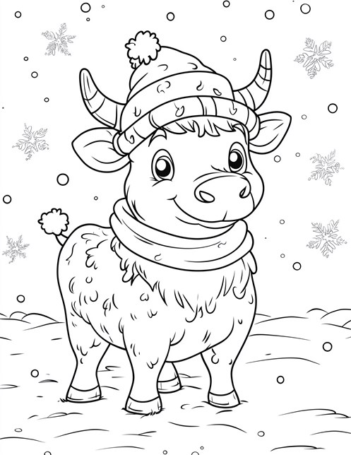 Smiling cow in winter hat scarf with snow falling