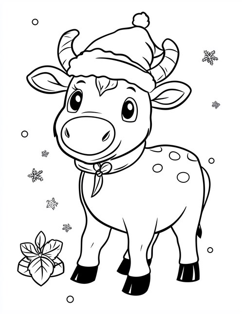 Christmas cow with hat snowflakes gift smiling