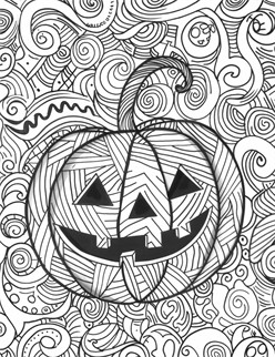 A happy jack o  lantern with stripes, surrounded by wild swirling patterns, creating a cool background