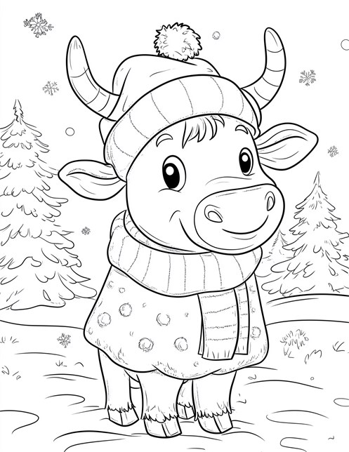 Christmas cow wearing hat scarf snow falling with trees